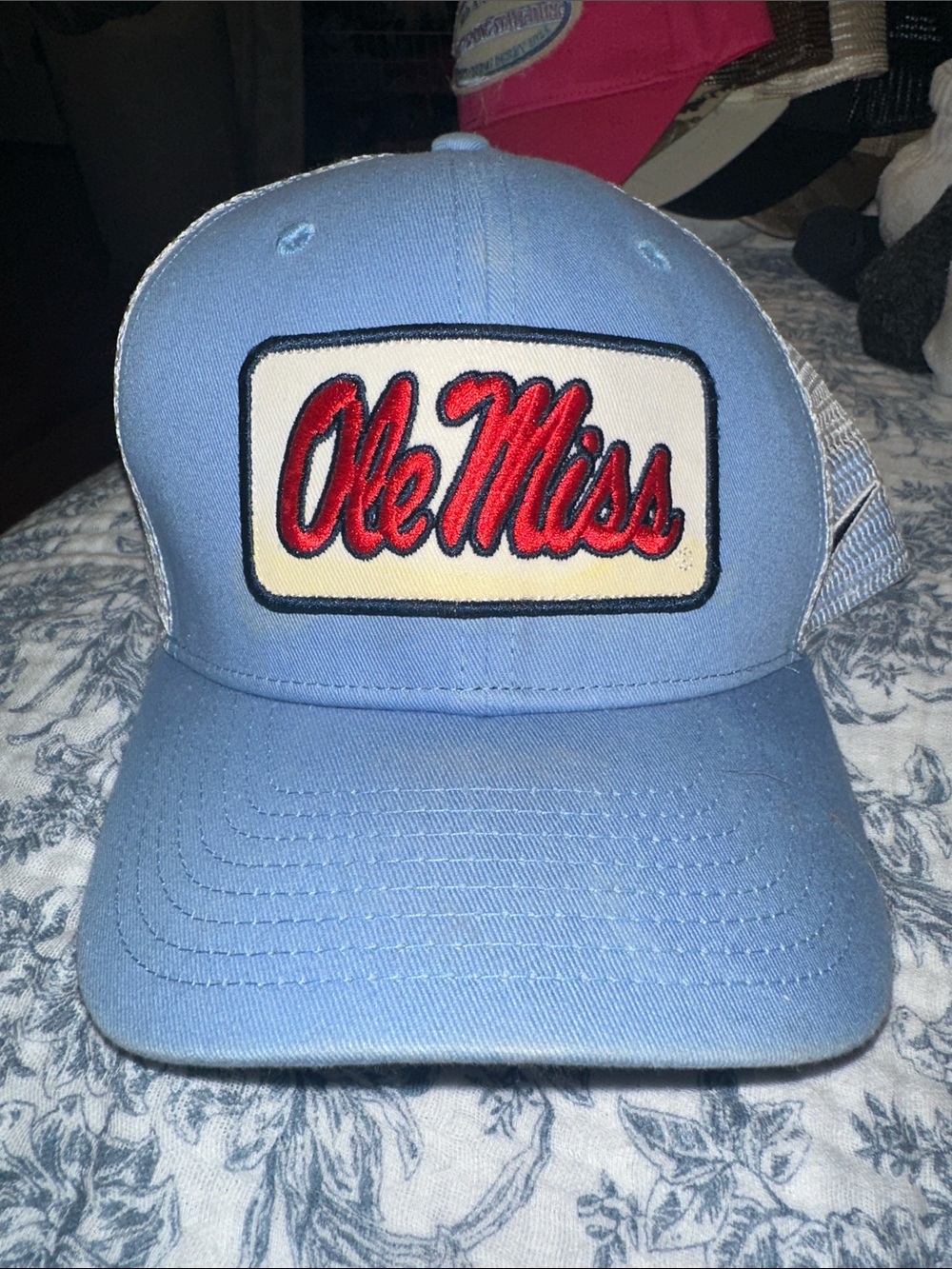 Ole Miss Light Blue Trucker Hat with Red Script Patch